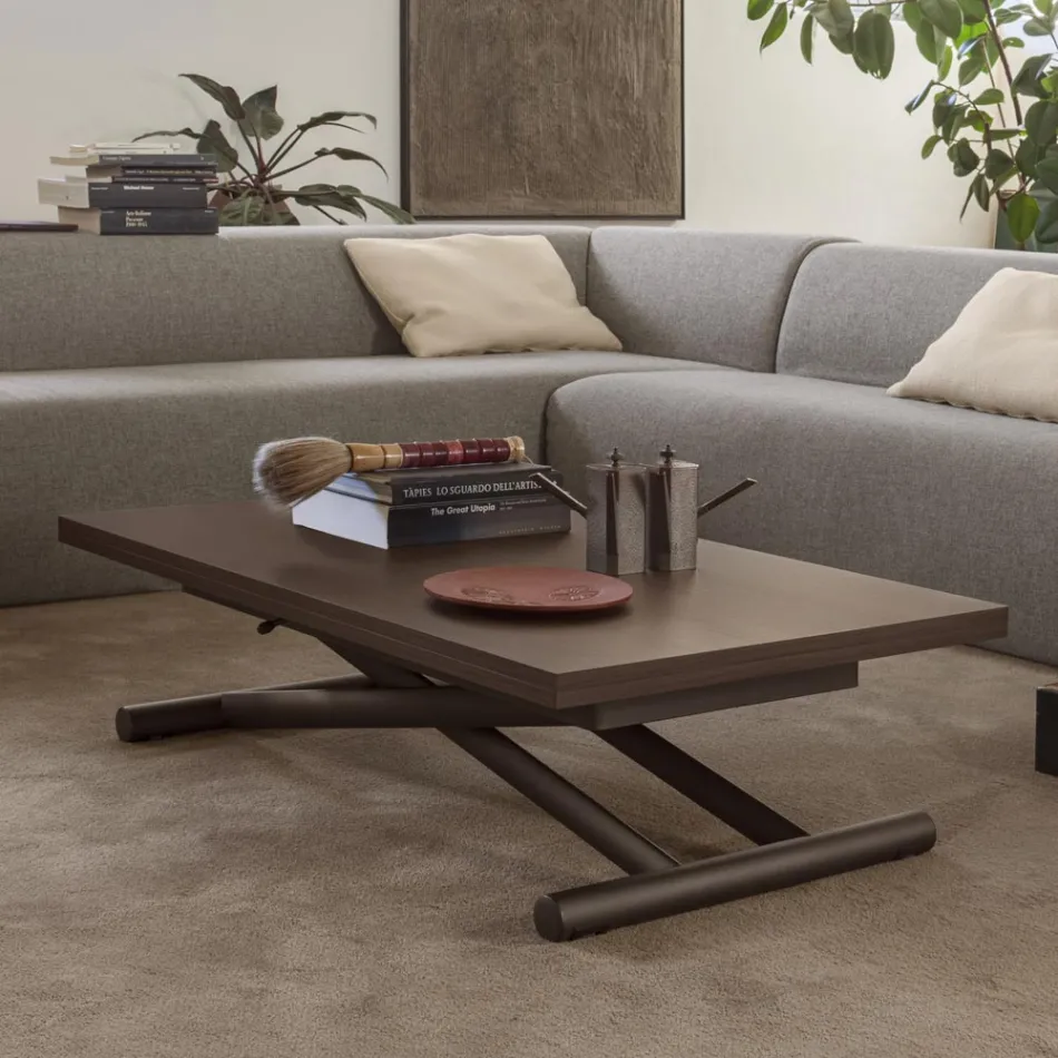 Verwandelbarer Couchtisch aus Metall und Holz Made in Italy - Veneris Viadurini