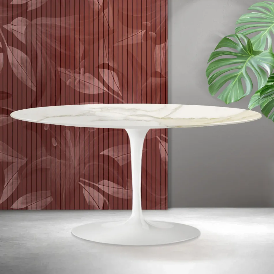 Saarinen Tulip Couchtisch H 41 cm in Florim Calacatta Gold Matt Keramik - Scharlachrot Viadurini