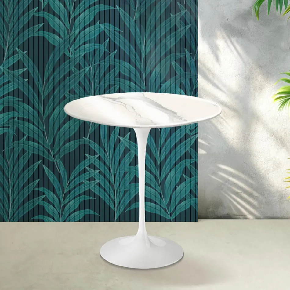 Saarinen Tulip Couchtisch H 52 cm in glänzender Statuario Florim Keramik - Scharlachrot Viadurini