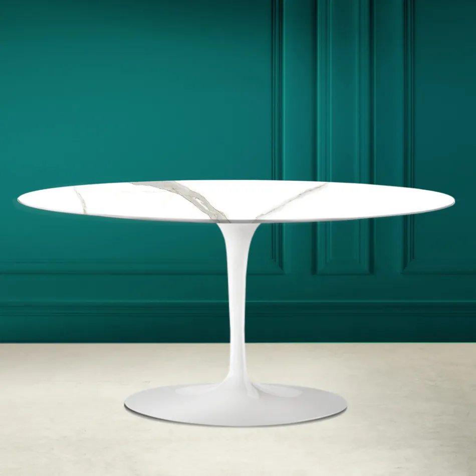 Tulip Saarinen Ovaler Couchtisch H 41 in Calacatta Michelangelo Made in Italy – Scharlachrot Viadurini