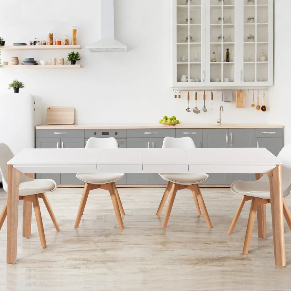 Ausziehbarer Tisch auf 180 cm mit Beinen aus massiver Eiche und rutheniumfarbenem Holz Viadurini