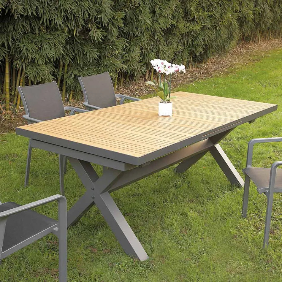 Ausziehbarer Tisch 263 cm aus Aluminium und massivem Teakholz - Lilia Viadurini