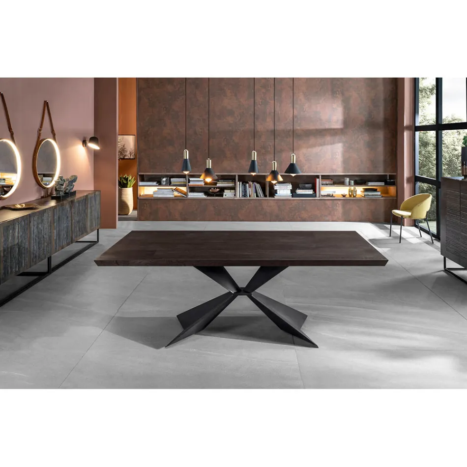 Ausziehbarer Tisch auf 300 cm mit Metallgestell und Eichenholzplatte – Marineblau Viadurini