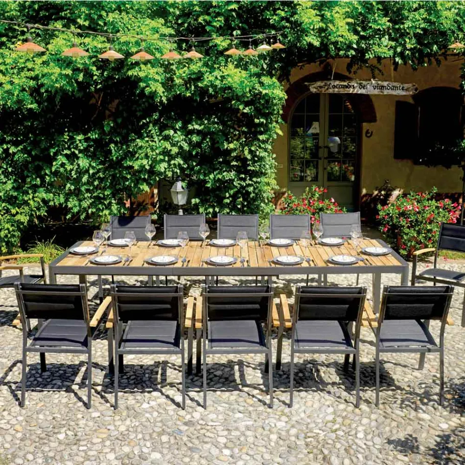 Ausziehbarer Tisch bis 300 cm mit verschiebbaren Beinen aus Aluminium und Teakholz - Felix Viadurini