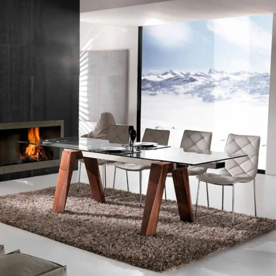 Ausziehtisch aus Massivholz und gehärtetes Glas Tschad Viadurini