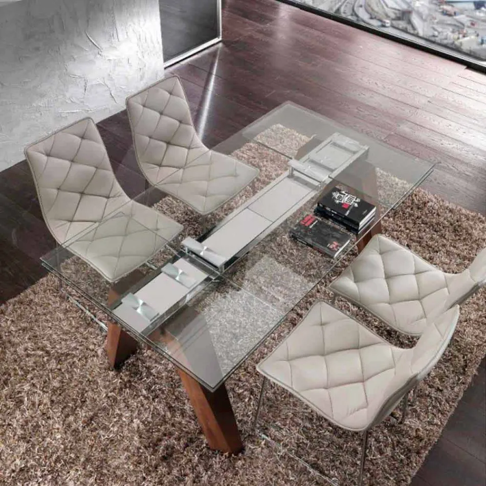 Ausziehtisch aus Massivholz und gehärtetes Glas Tschad Viadurini