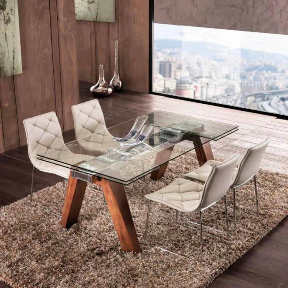 Ausziehtisch aus Massivholz und gehärtetes Glas Tschad Viadurini