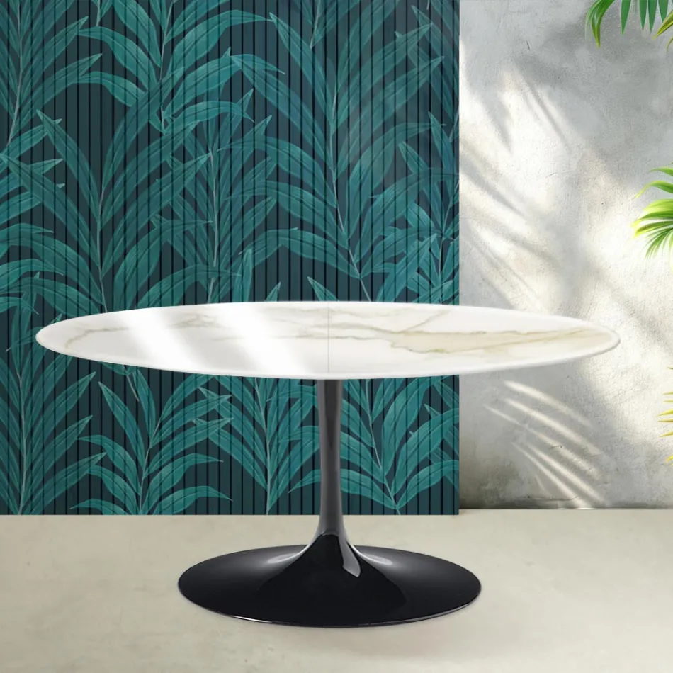 Saarinen Tulip Ausziehtisch H 74 cm in Florim Calacatta Gold Gloss Keramik - Scharlachrot Viadurini