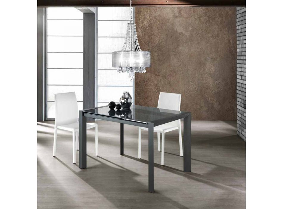 Ausziehbarer Tisch aus grau lackiertem Glas und Zeno Metall