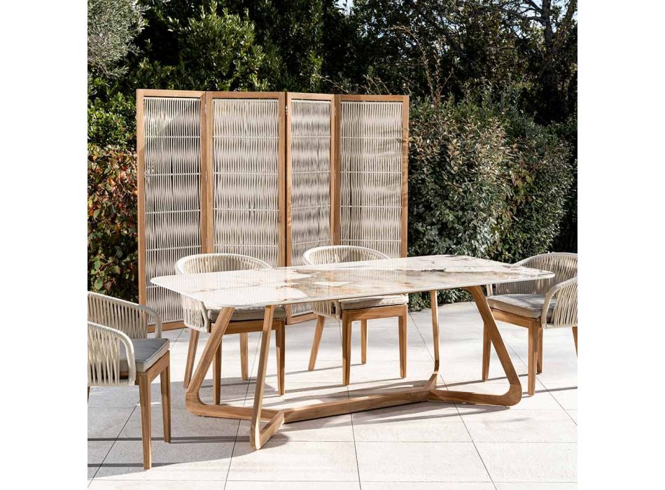Tisch mit Keramikplatte und Untergestell aus massivem Teakholz, hergestellt in Italien – Bluse Viadurini