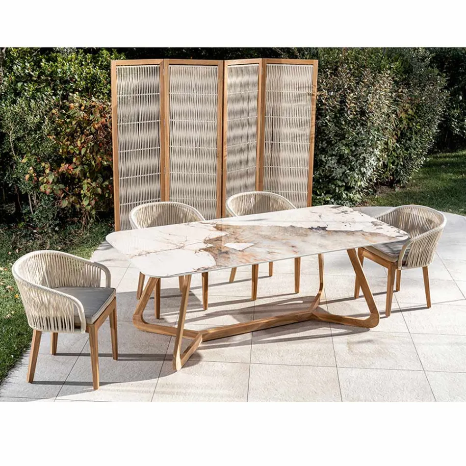 Tisch mit Keramikplatte und Untergestell aus massivem Teakholz, hergestellt in Italien – Bluse Viadurini