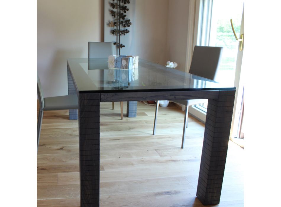 Tisch mit Kristallplatte und moderatem Eschenholz, hergestellt in Italien – Asella Viadurini