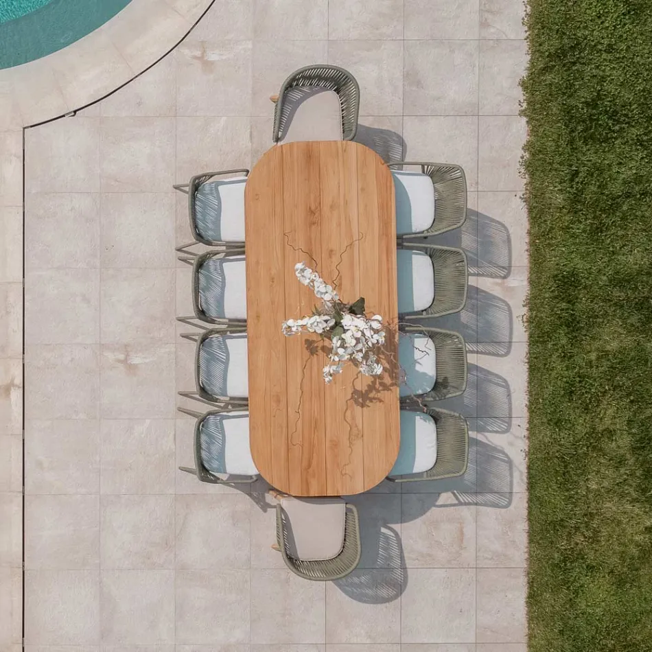 Tisch mit gebürsteter Teakholzplatte und abgerundeten Ecken – Destination Viadurini