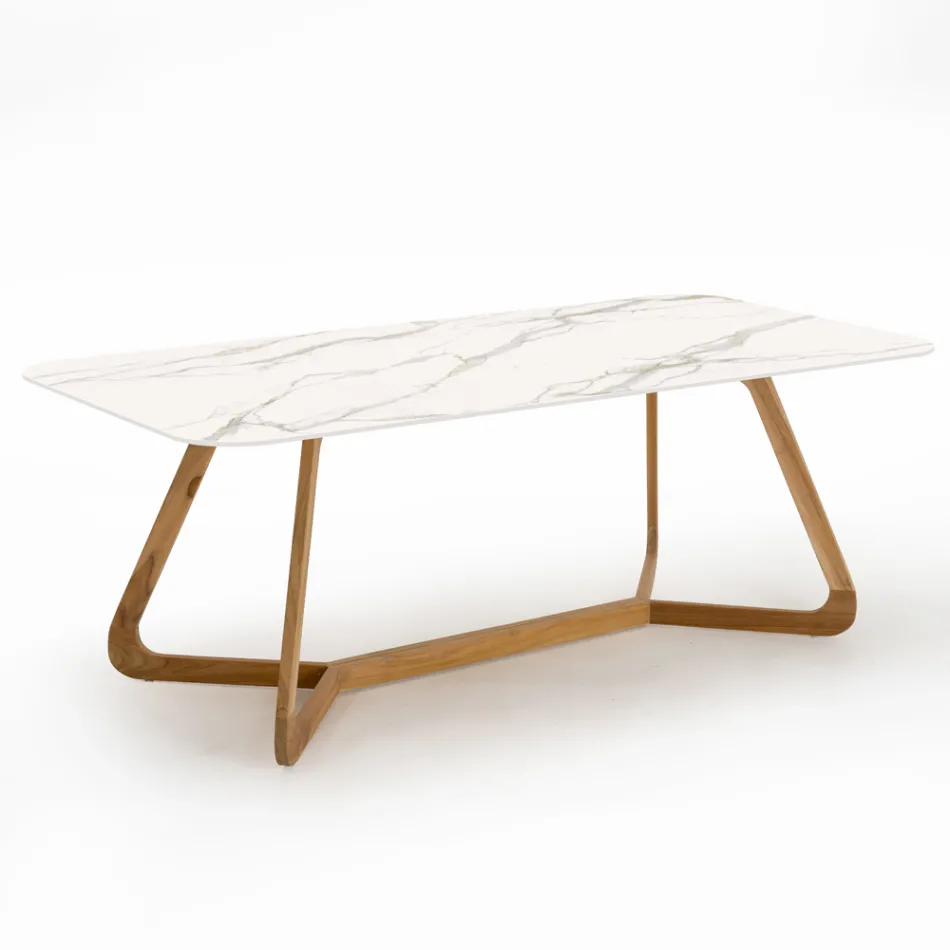 Gartentisch mit Holzsockel und Calacatta Oro Keramikplatte - Infinity Viadurini