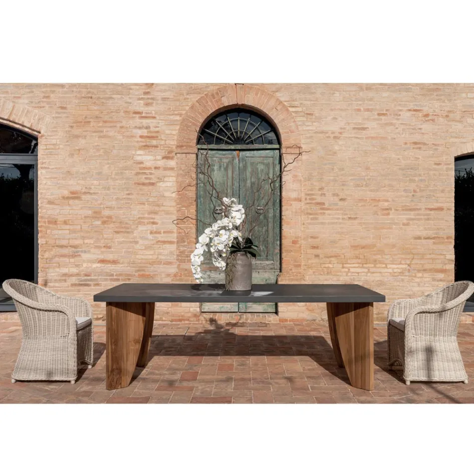 Outdoor-Tisch aus Okumè-Mikrozement und Teakholz-Finish, hergestellt in Italien – Bleistift Viadurini