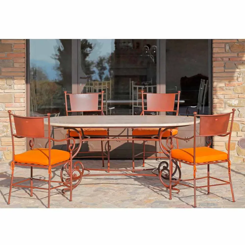 Outdoor-Tisch aus Travertin mit Mosaik-Einsätzen Made in Italy - Elegant Viadurini