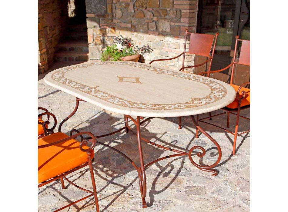 Outdoor-Tisch aus Travertin mit Mosaik-Einsätzen Made in Italy - Elegant Viadurini