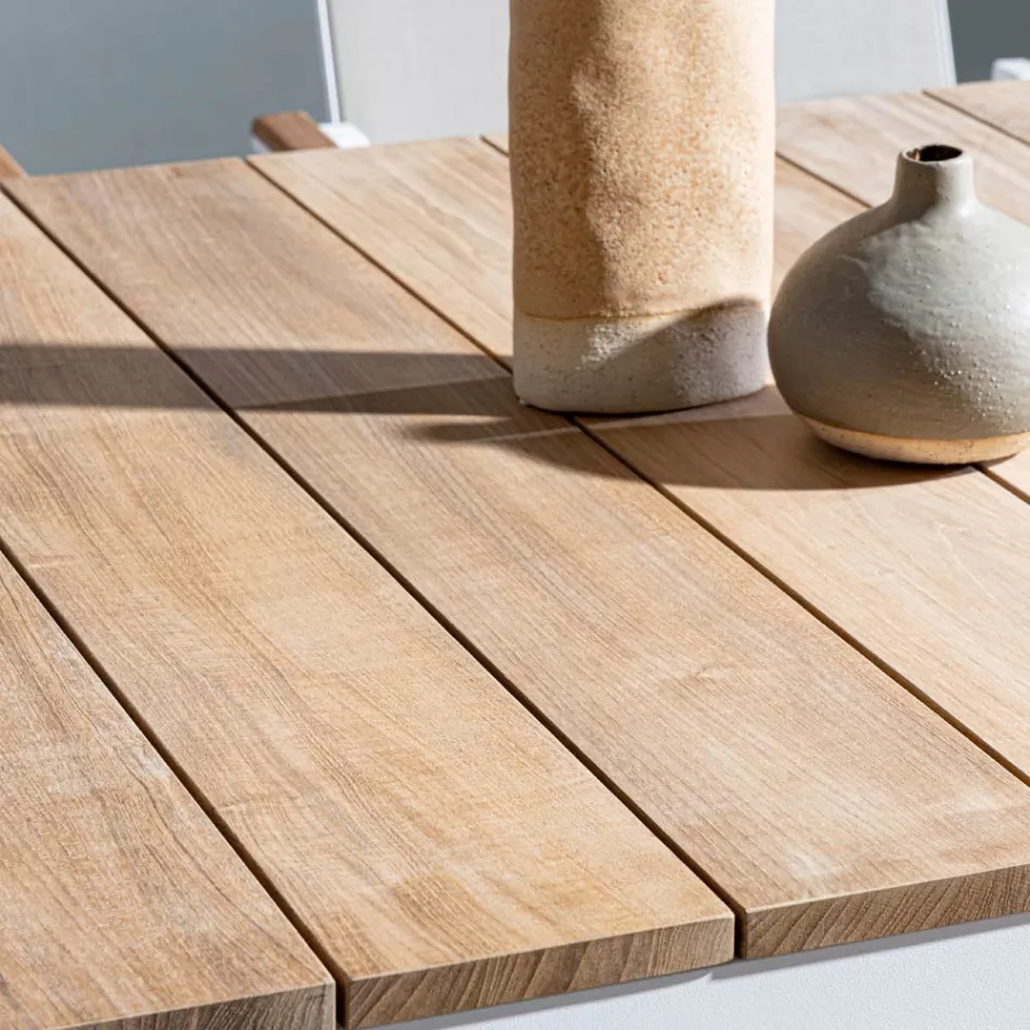 Gartentisch 180x90 cm mit Aluminiumbasis und Teakholzplatte - Mean Viadurini