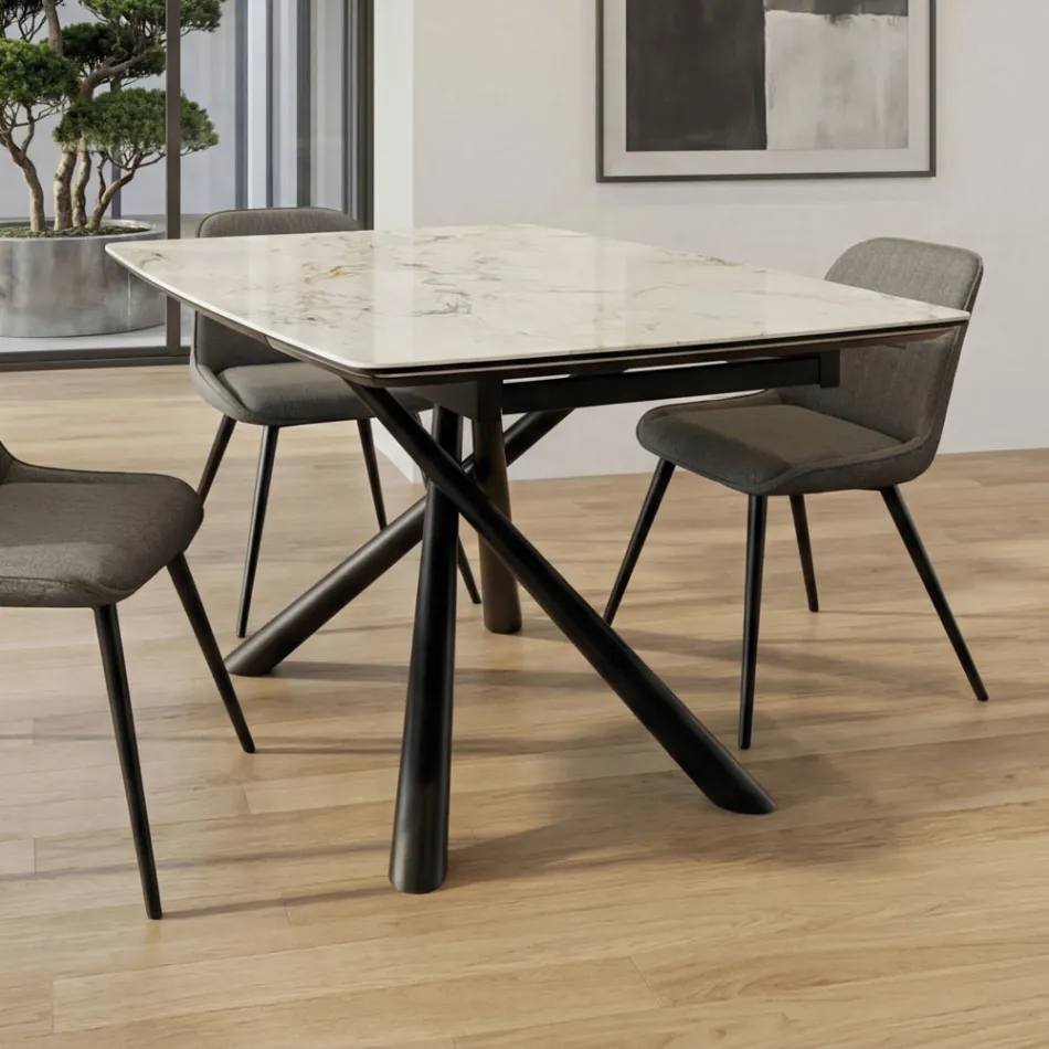 Ausziehbarer Esstisch (200/230 cm) aus Glas, Keramik und Metall - Naisha Viadurini