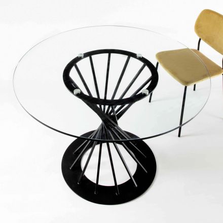 Esstisch mit runder Platte aus gehärtetem Glas und Stahlsockel - Mileto Viadurini