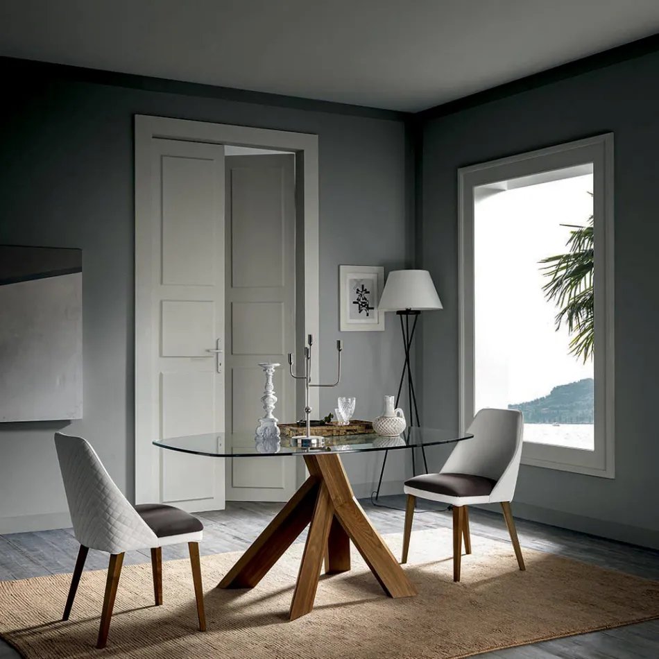 Wohnzimmer Esstisch Glasplatte und Holzbeine - Botanical Viadurini