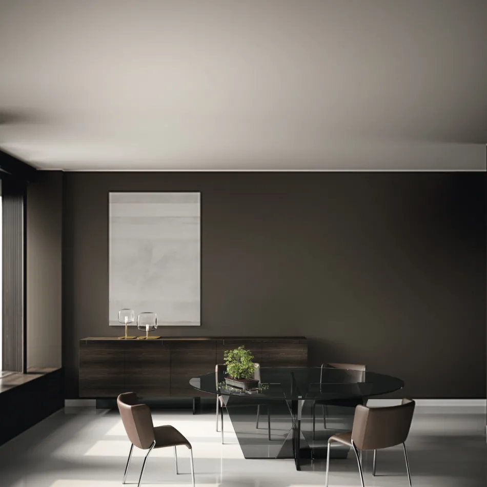 Ovaler Esstisch mit Glasplatte und Untergestell Made in Italy - Tiseo Viadurini