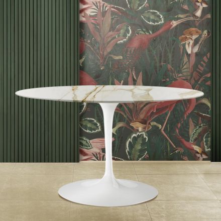 Eero Saarinen Tisch H 73 mit ovaler Platte aus goldenem Caracatta-Marmor, hergestellt in Italien – Scharlachrot Viadurini