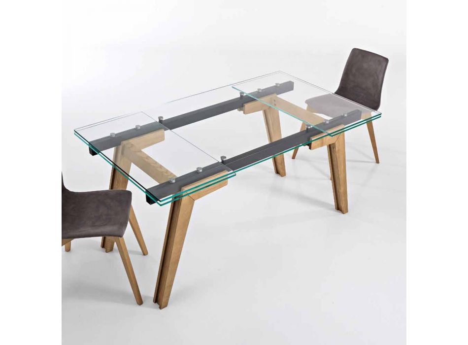 Ausziehbarer Tisch aus Glas und Massivholz made in Italy, Dimitri