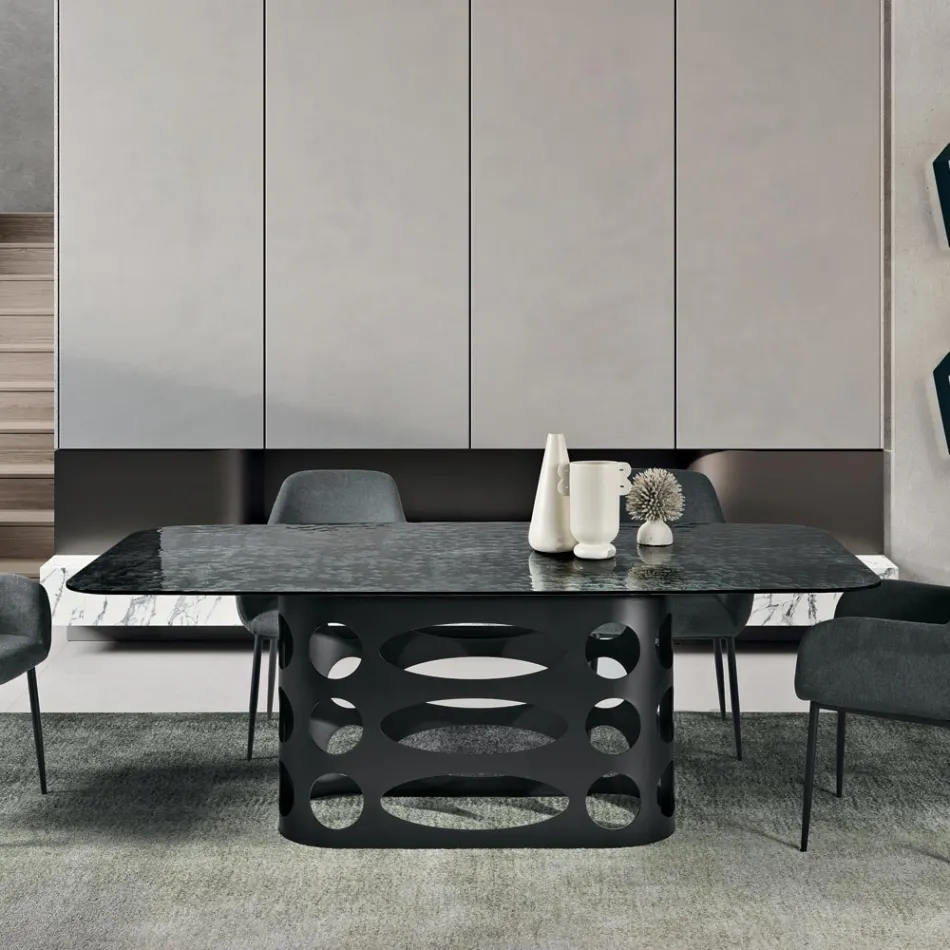 Fester Tisch 210x110 cm mit gehämmertem Glasteller, hergestellt in Italien - Tano Viadurini