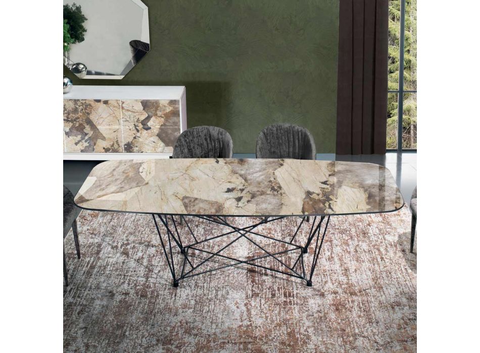 Fester Tisch mit fassförmiger Keramikplatte und Stahlgestell, hergestellt in Italien – Ezzellino Viadurini