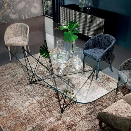 Fester Tisch mit fassförmiger Glasplatte und Stahlgestell, hergestellt in Italien – Ezzellino Viadurini