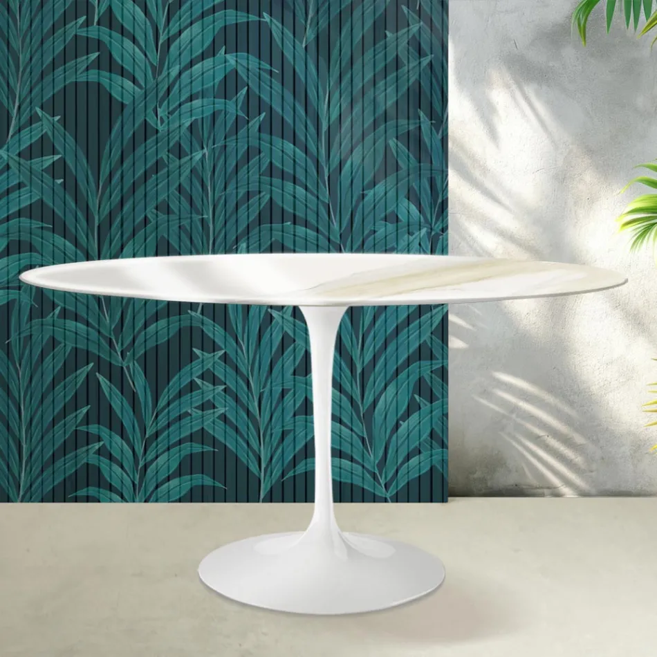 Saarinen Ovaler Tulpentisch H 74 cm in Florim Calacatta Gold Gloss Keramik - Scharlachrot Viadurini