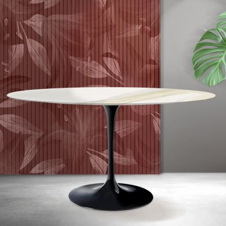 Ovaler Tulpentisch von Saarinen, Höhe 74 cm, in Florim Calacatta Gold Mattkeramik – Scharlachrot Viadurini