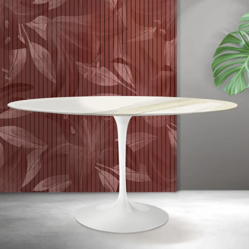 Ovaler Tulpentisch von Saarinen, Höhe 74 cm, in Florim Calacatta Gold Mattkeramik – Scharlachrot Viadurini