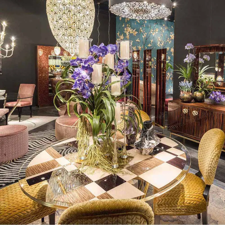 Runder Tisch Modeno mit Glasplatte und Holzeinlagen Ozzy Viadurini