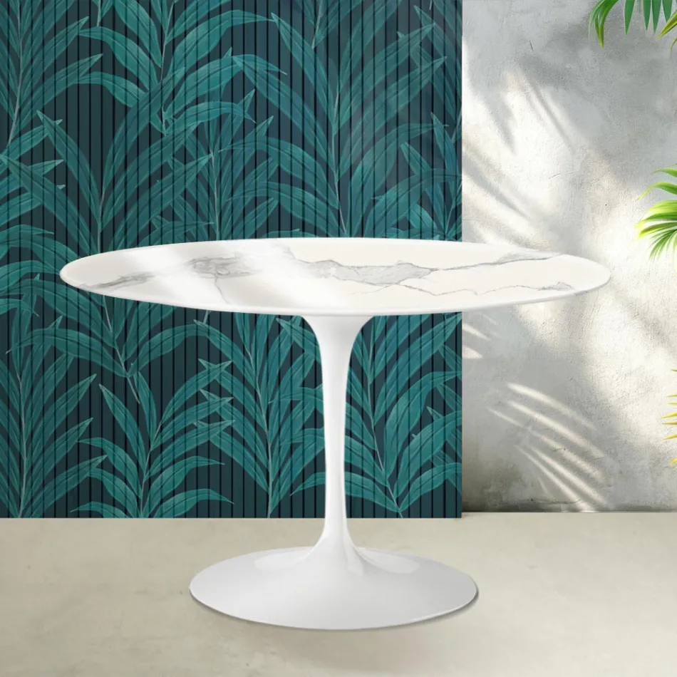 Saarinen Runder Tulpentisch H 74 cm in glänzender Statuario Florim Keramik - Scharlachrot Viadurini