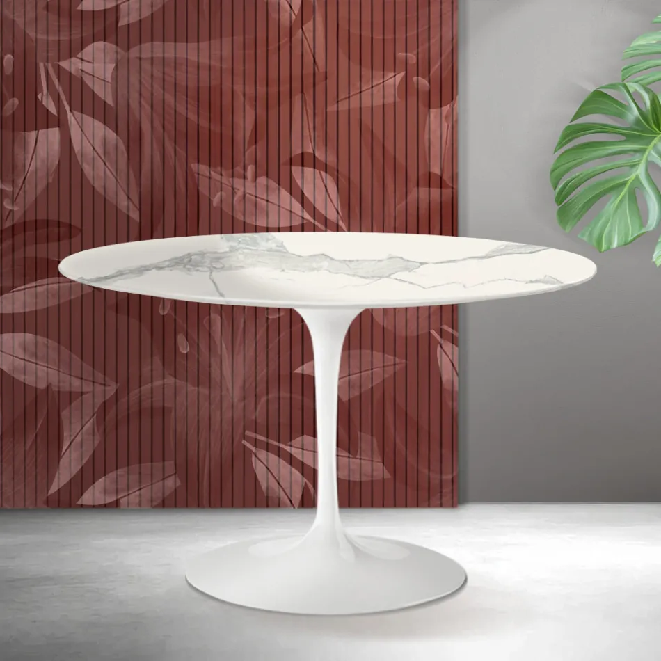 Saarinen Tulip Rundtisch H 74 cm in Florim Statuario Mattkeramik - Scharlachrot Viadurini