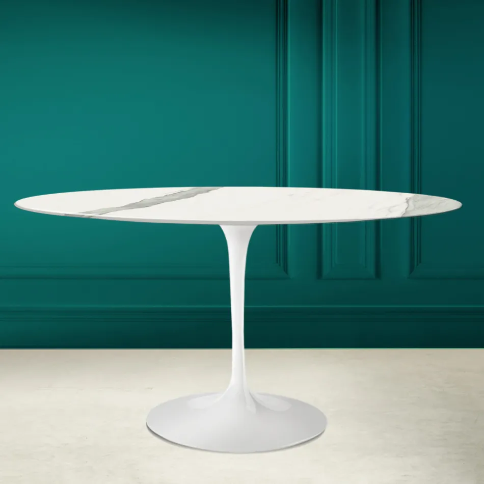 Tulpentisch Eero Saarinen H 73 Oval aus Statuario-Keramik Vollader - Scharlachrot Viadurini