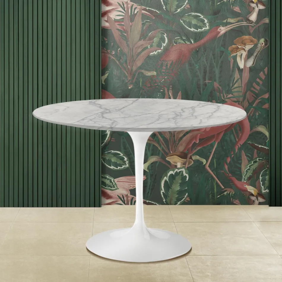 Tulip Tisch Eero Saarinen H 73 Rund aus Carrara Marmor Statuarietto Viadurini