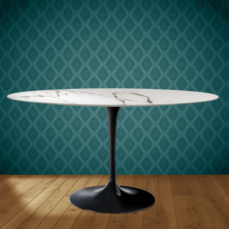 Eero Saarinen Tulip Tisch H 74 Oval aus Keramik Aura 22 Hergestellt in Italien - Scharlachrot Viadurini
