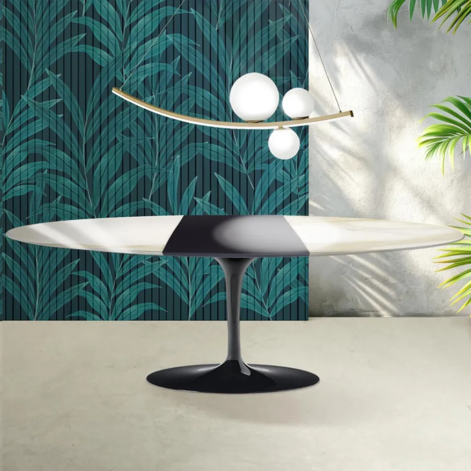 Saarinen Tulip Tisch H 74 cm ausziehbar in Florim Calacatta Gold Glanzkeramik - Scharlachrot Viadurini