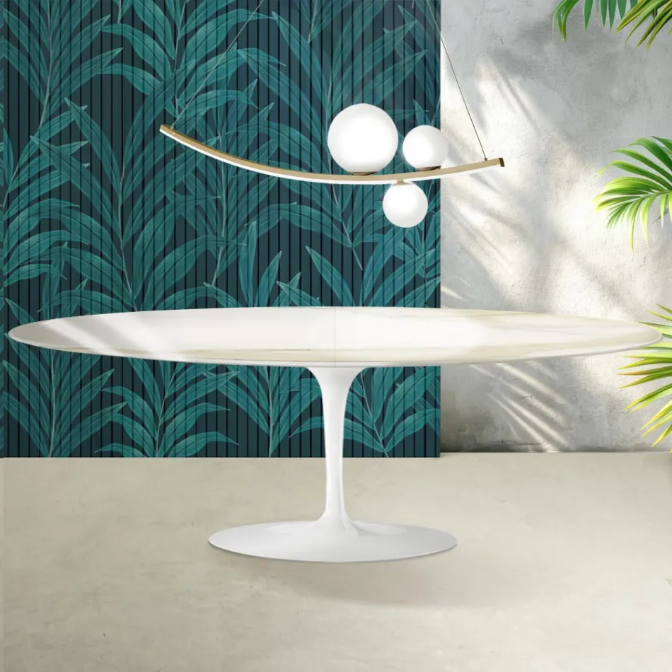Saarinen Tulip Tisch H 74 cm ausziehbar in Florim Calacatta Gold Glanzkeramik - Scharlachrot Viadurini
