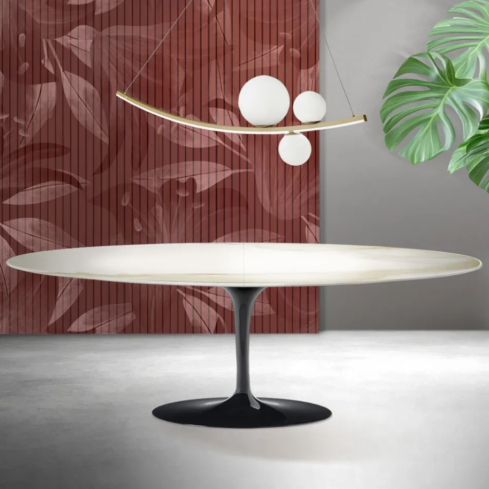 Saarinen Tulip Tisch H 74 cm ausziehbar in Florim Calacatta Gold Matt Keramik - Scharlachrot Viadurini