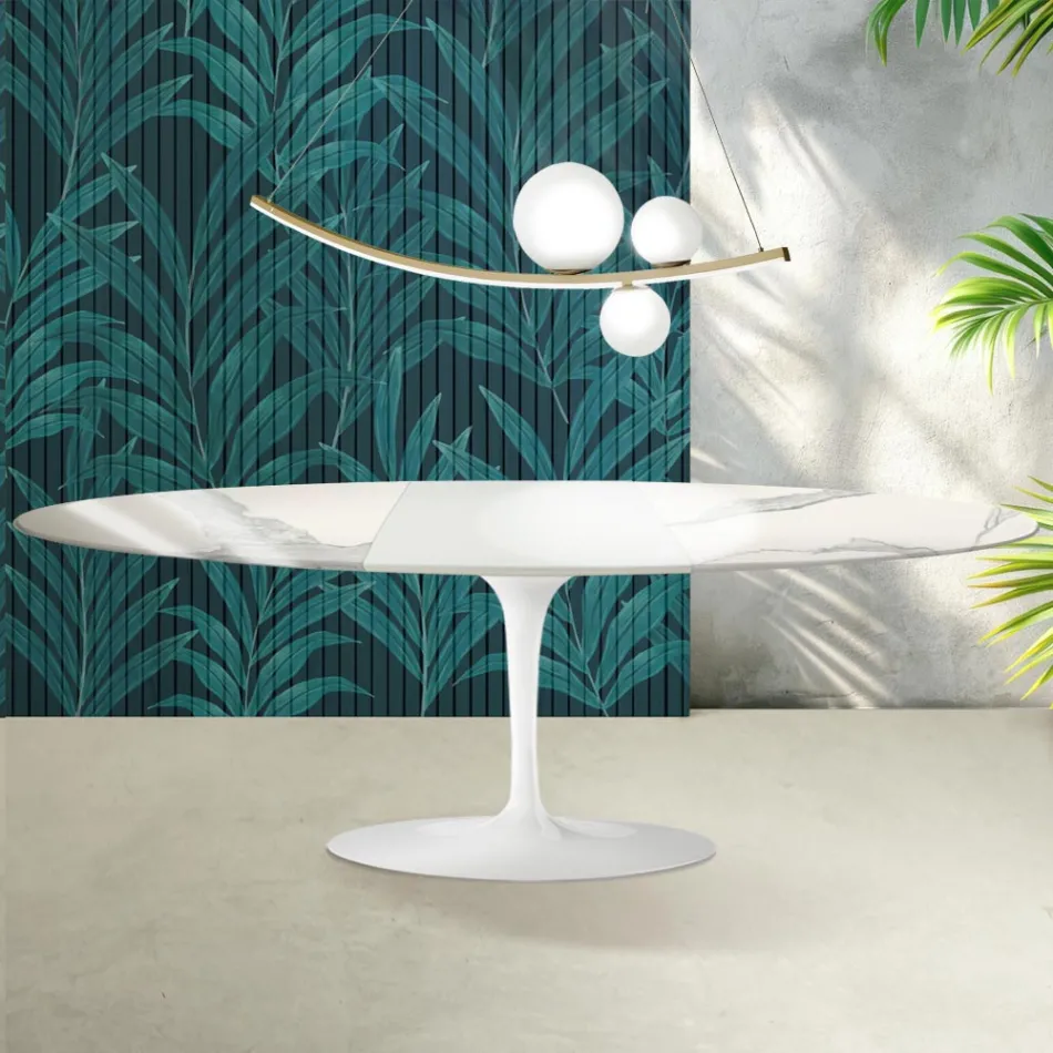 Saarinen Tulip Tisch H 74 cm ausziehbar in Florim Statuario Hochglanzkeramik - Scharlachrot Viadurini