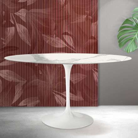 Saarinen Tulip Tisch H 74 cm Rund in Florim Statuario Mattkeramik - Scharlachrot Viadurini