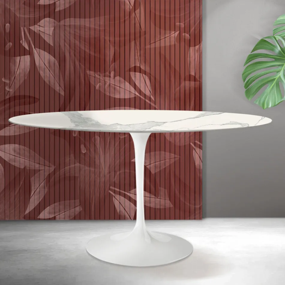 Saarinen Tulip Tisch H 74 cm Rund in Florim Statuario Mattkeramik - Scharlachrot Viadurini