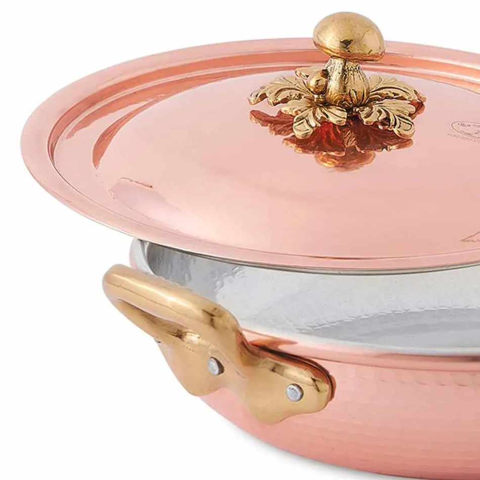 Rundes Design verzinnte Kupferpfanne mit Deckel 24 cm - Mariastella Viadurini