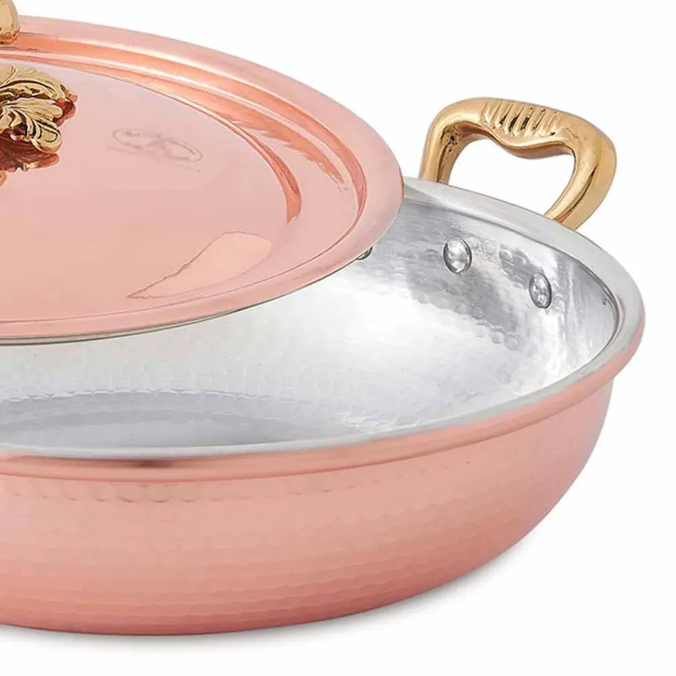 Rundes Design verzinnte Kupferpfanne mit Deckel 24 cm - Mariastella Viadurini