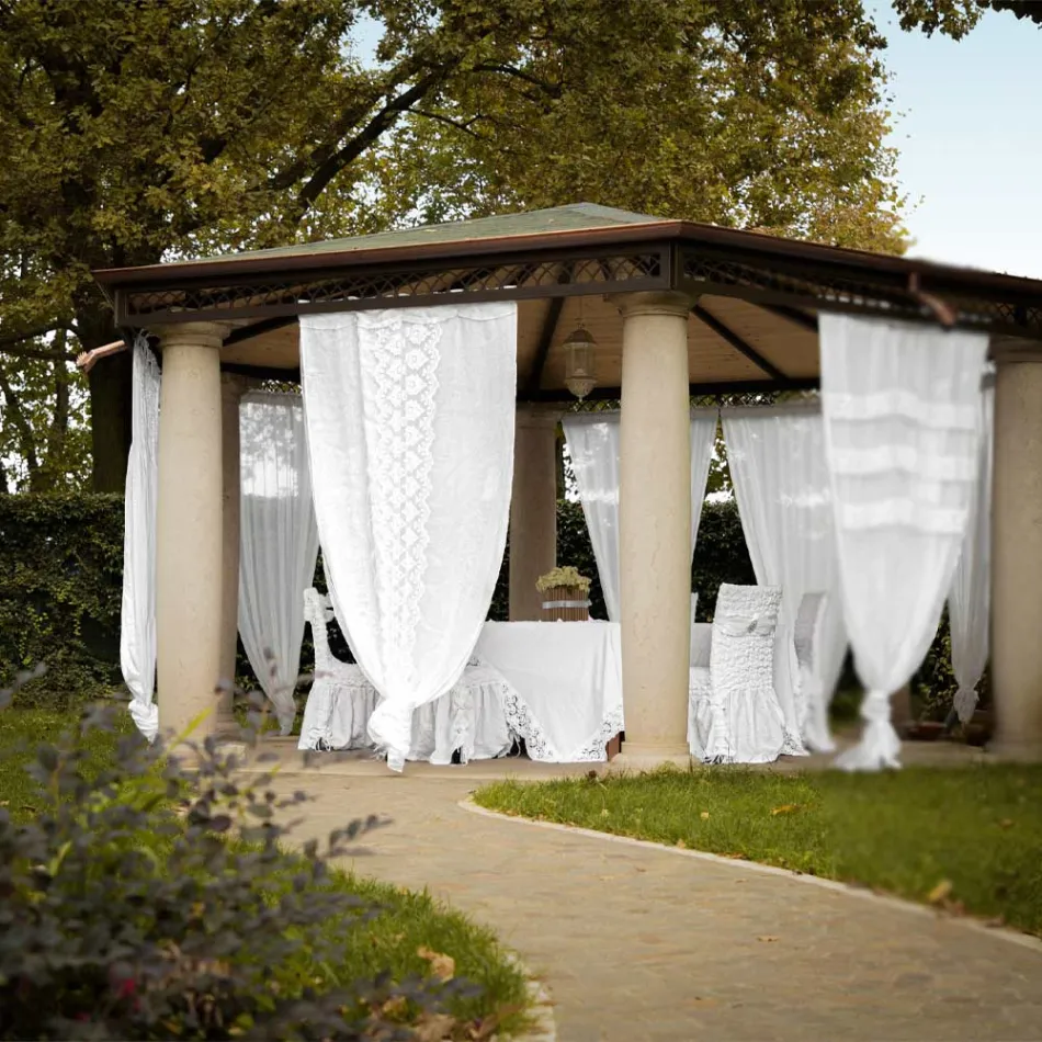 Retro-Vorhang aus hellem Leinen mit Organza und italienischer Luxusstickerei – Marinella Viadurini