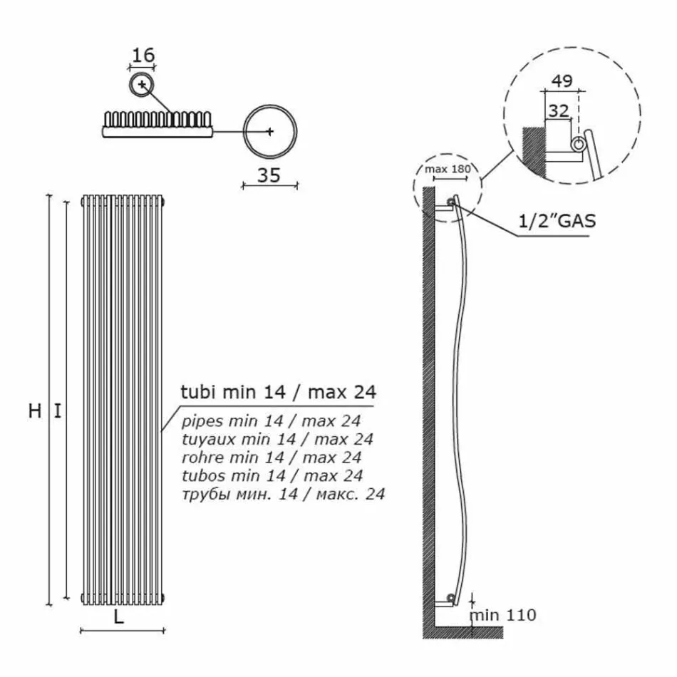 Vertikaler Badezimmerheizkörper Modernes Design Wellig 1181 Watt - Tucano Viadurini